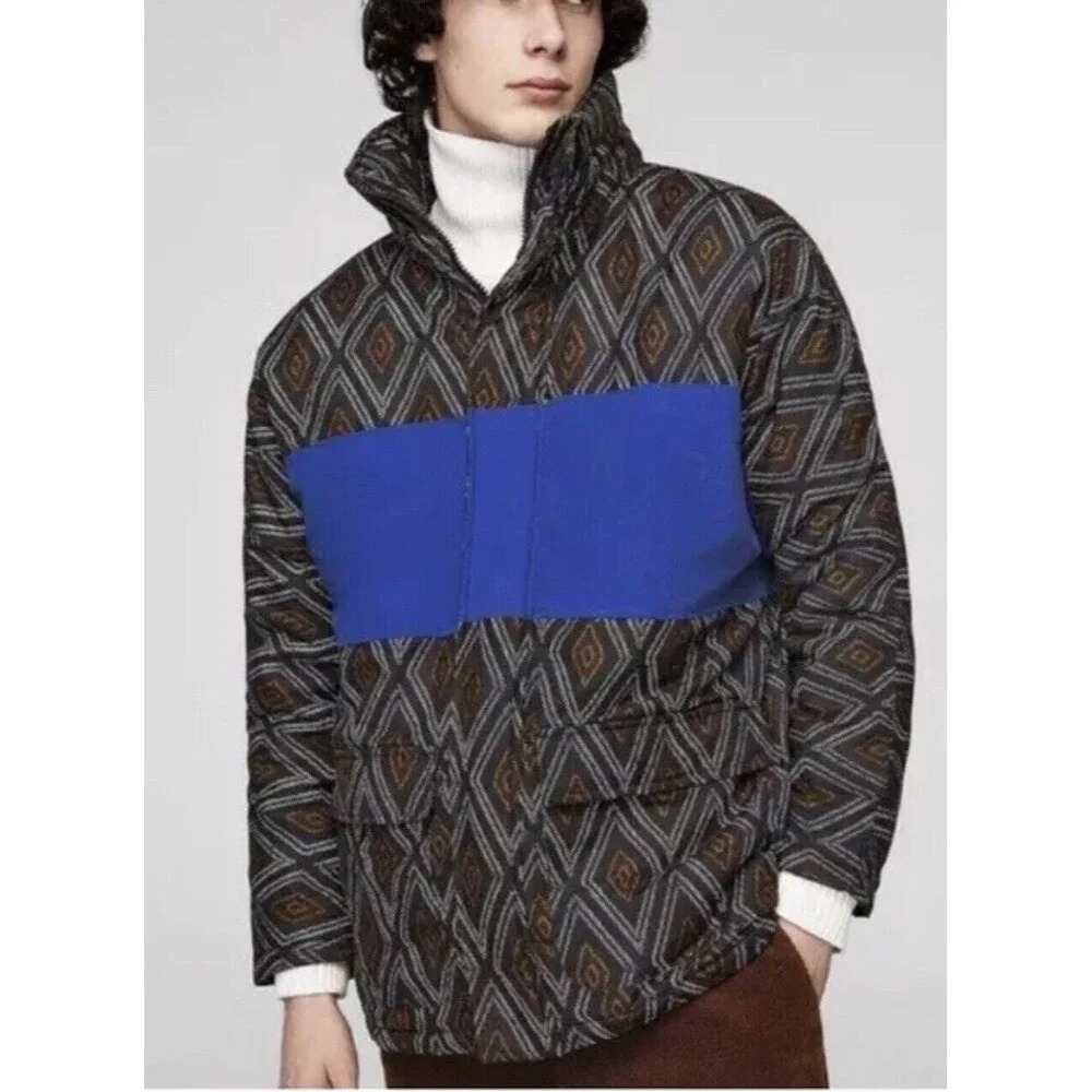 Zara Man Black Color Block Cobalt Blue Aztec Print Puffer Jacket Coat Size Large